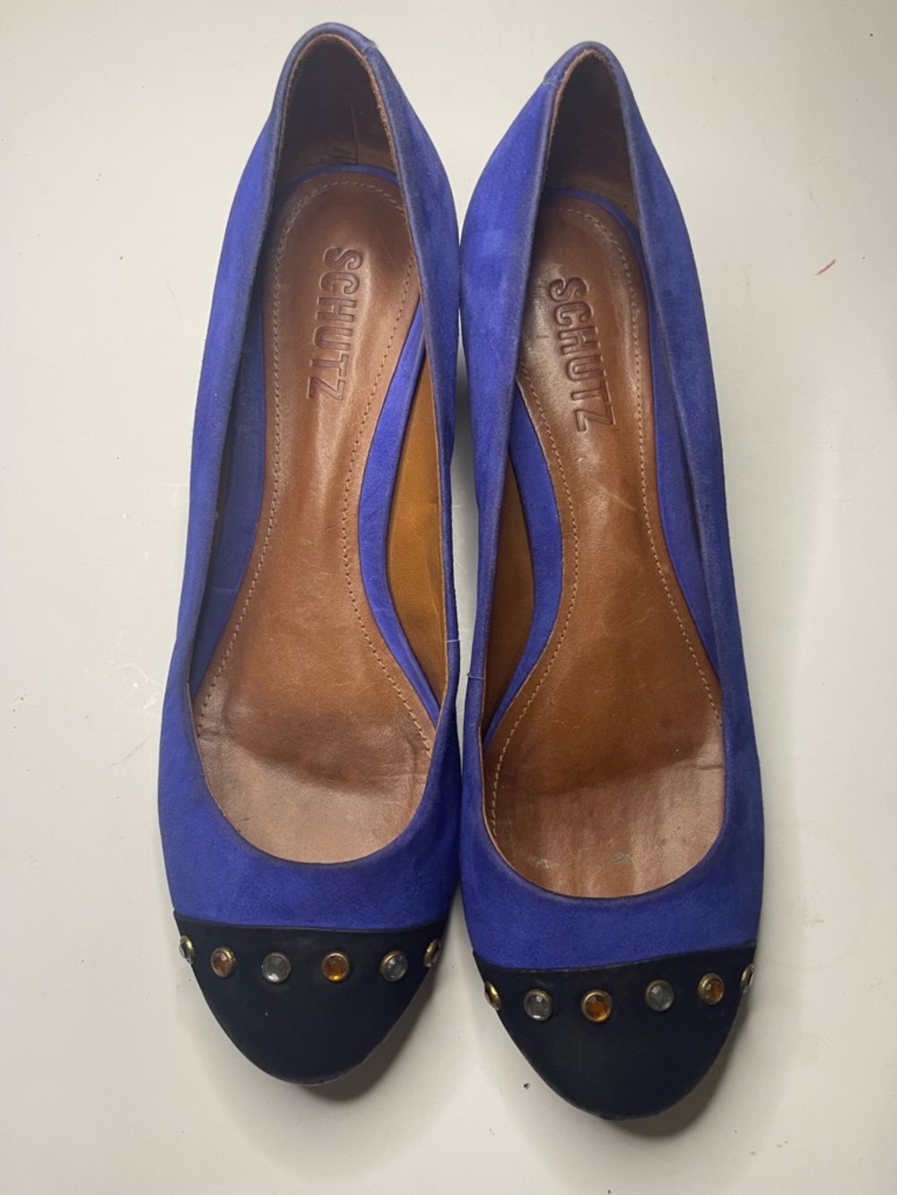 SCHUTZ Royal Blue Suede Flats with Black Studded Cap Toe size 6.5